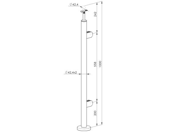 Edelstahl Geländerpfosten Endpfosten rechts Ø42,4 Bauhöhe 1000mm mit Glasklemmen 63x45mm Geländer V2A geschliffen K320